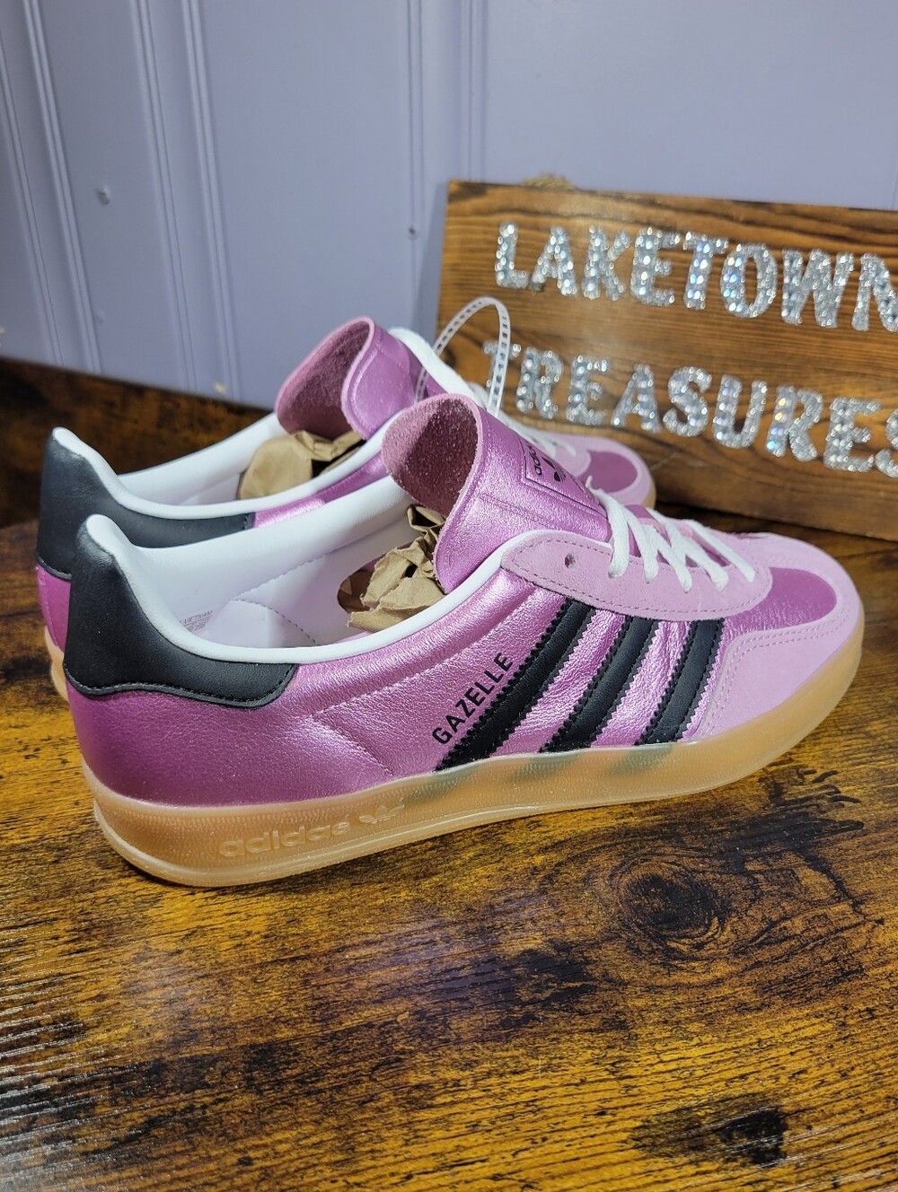 Adidas Gazelle Metallic Pink Sneakers with Black Stripes - Picture 5 of 14